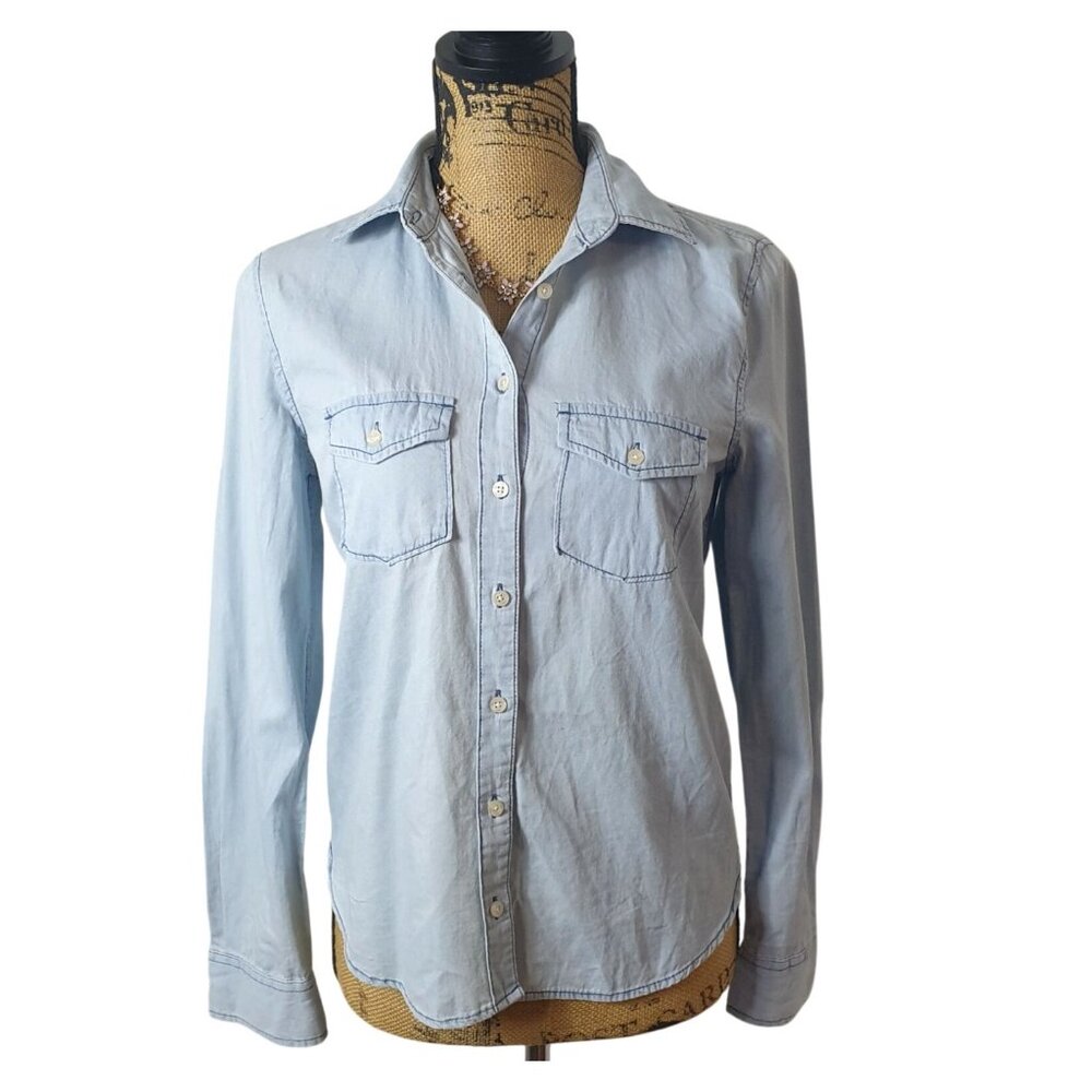 Aeropostale Womens L Button Down Shirt Lt Blue Denim Cowgirl Chic Layering West